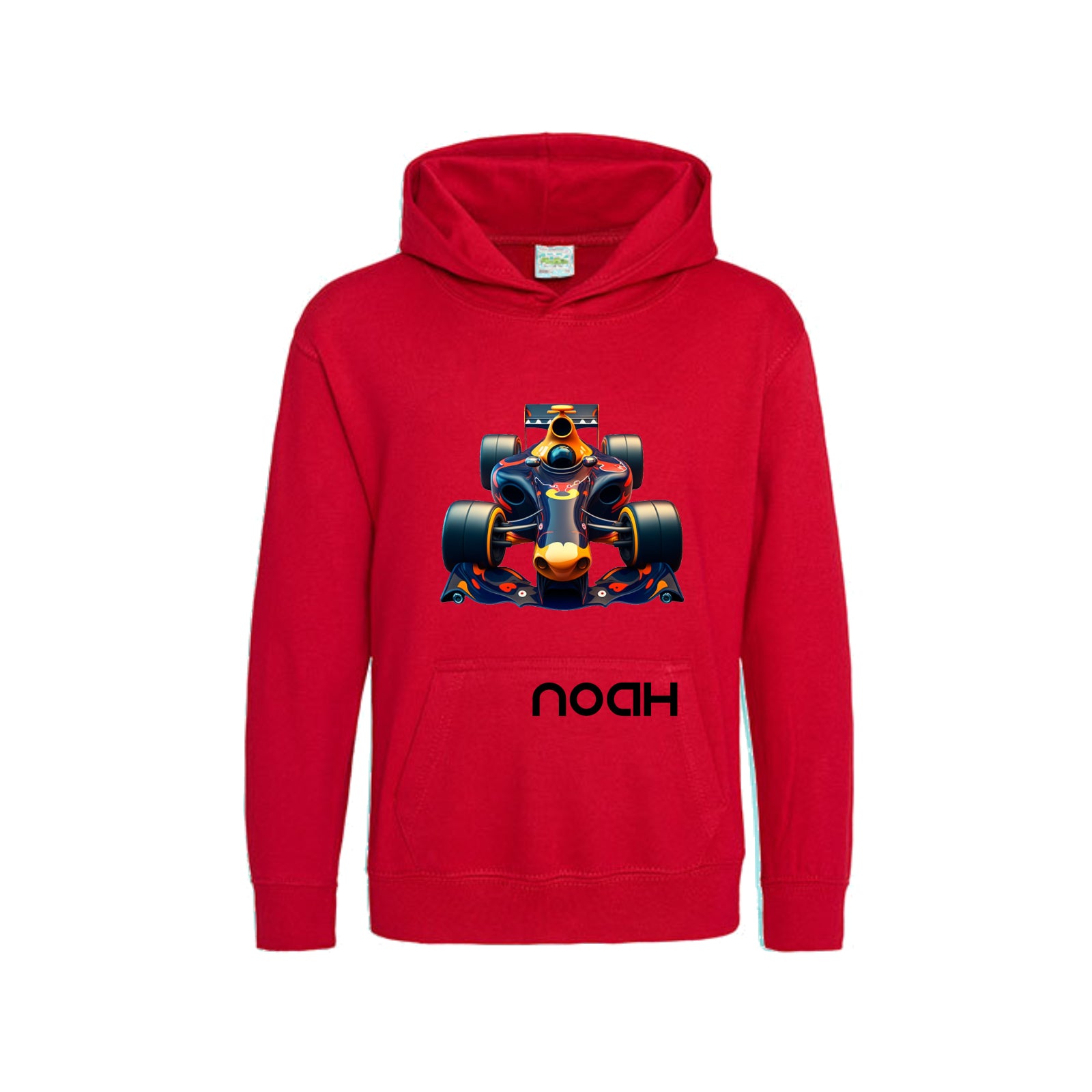 Rode hoodie met een formule 1 raceauto en de naam Noah