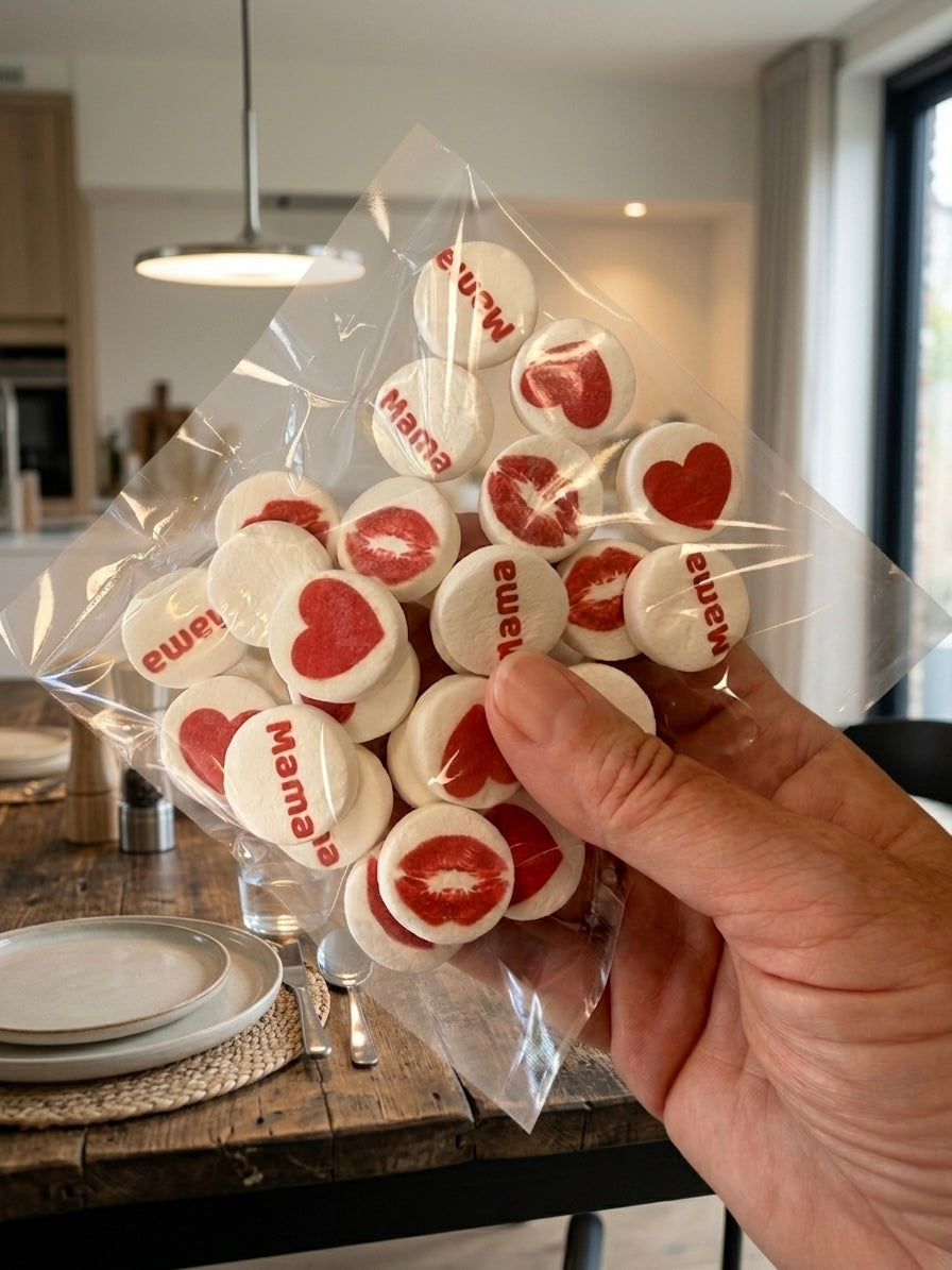 Gepersonaliseerde snoepjes voor Moederdag met hartjes en kusjes in een transparante verpakking.