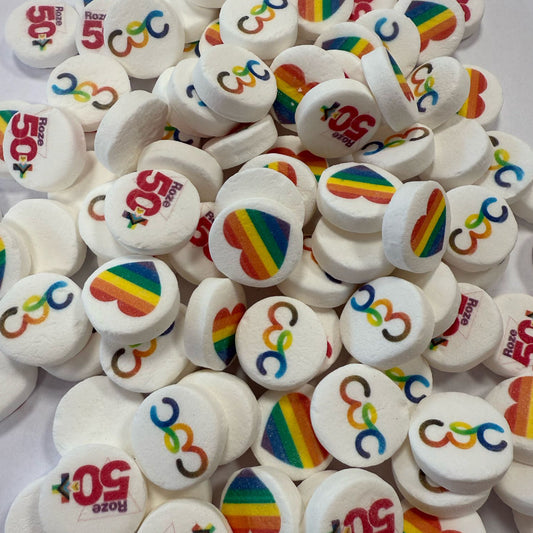 Pepermuntjes bedrukt met logo in full color, per kilo verkrijgbaar bij Traktatiecorner