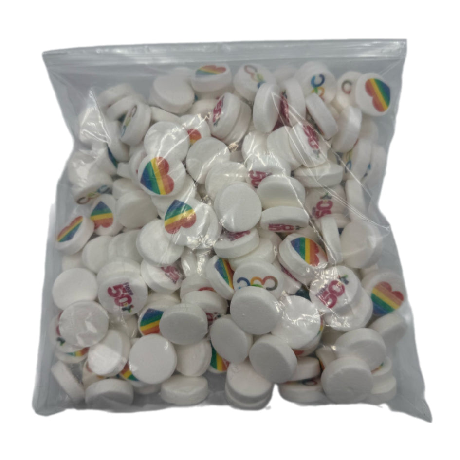 Bedrukte pepermuntjes met eigen logo in kleur, verpakt per 500 gram