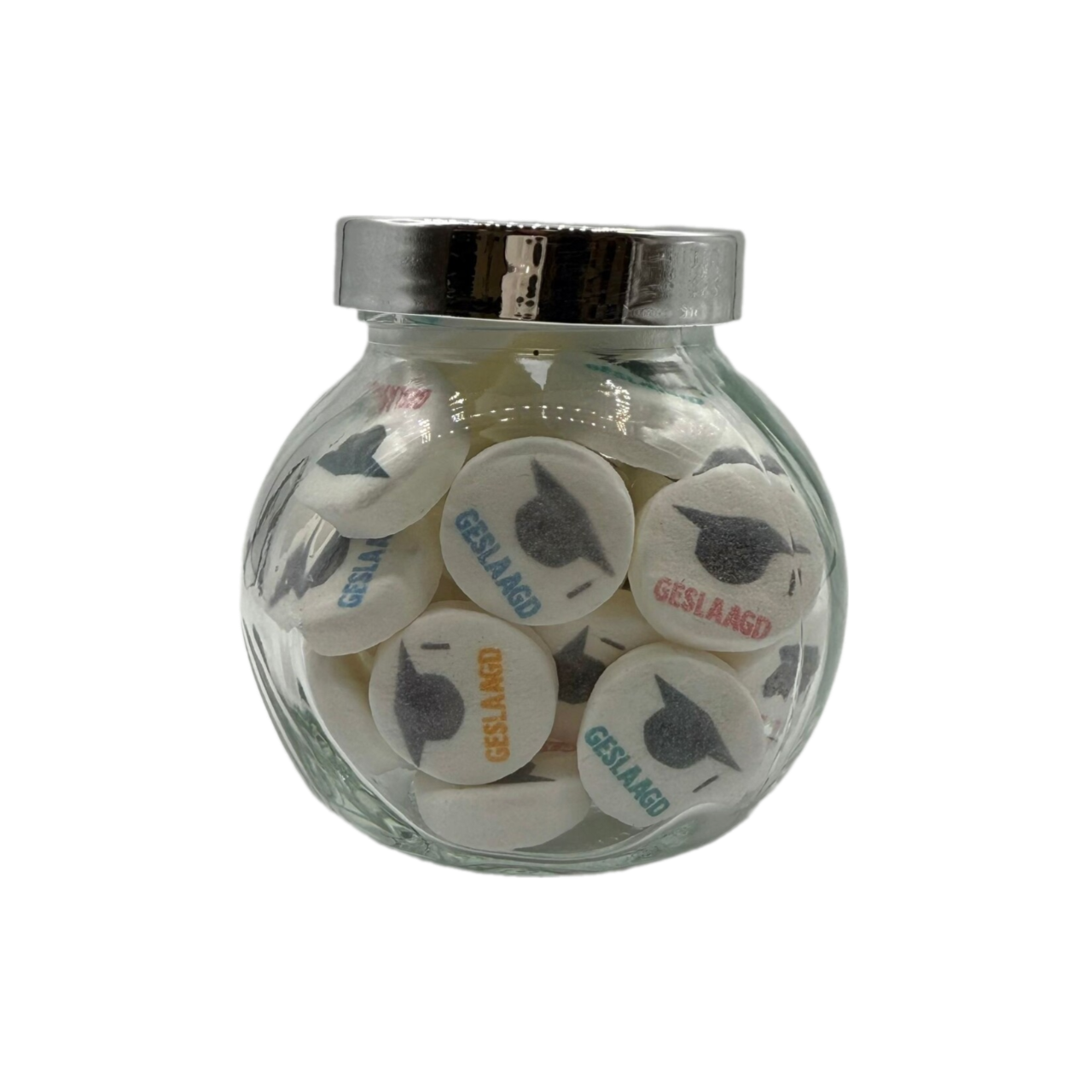 Glazen potje met pepermuntjes voor geslaagden