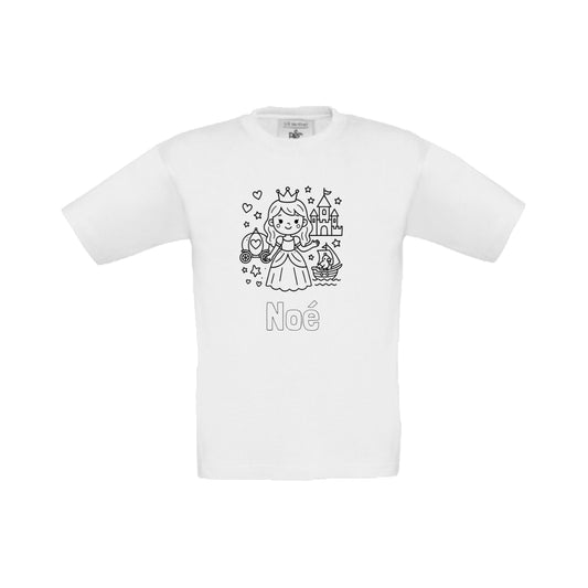 Wit t-shirt om in te kleuren met prinses print en naam, maat 98/104 t/m 152/164 – Traktatiecorner.nl