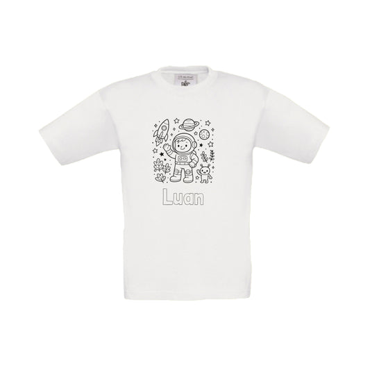 Wit t-shirt om in te kleuren met astronaut print en naam, maat 98/104 t/m 152/164 – Traktatiecorner.nl
