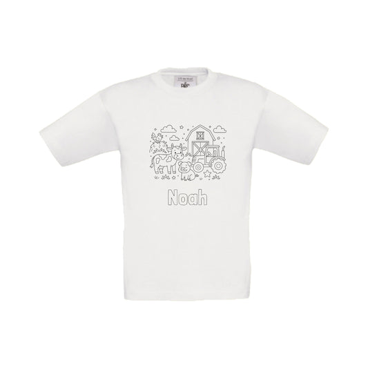 Wit t-shirt om in te kleuren met boerderij print en naam, maat 98/104 t/m 152/164 – Traktatiecorner.nl