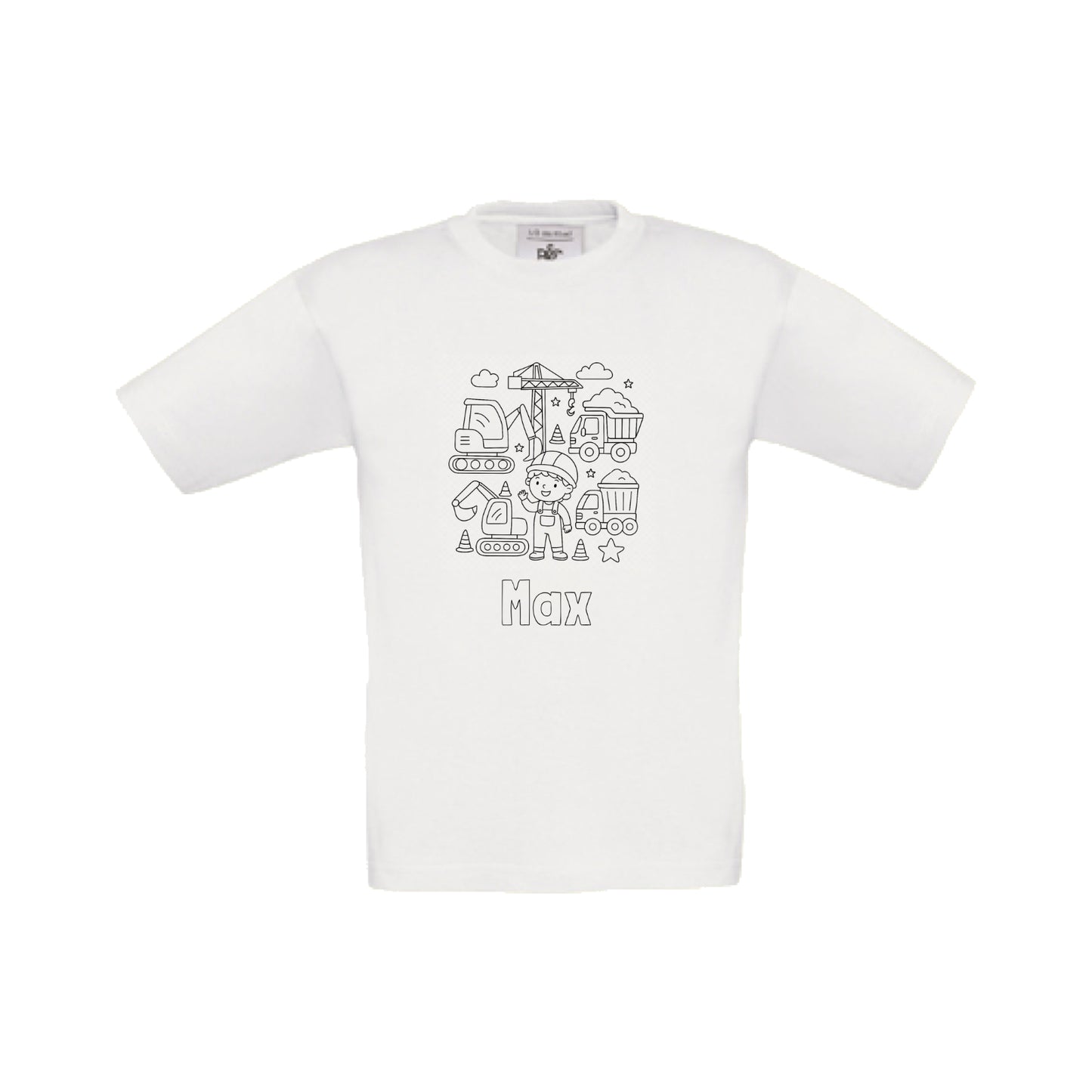 Wit t-shirt om in te kleuren met bouwplaats print en naam, maat 98/104 t/m 152/164 – Traktatiecorner.nl