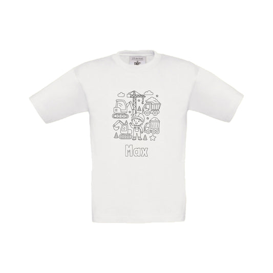 Wit t-shirt om in te kleuren met bouwplaats print en naam, maat 98/104 t/m 152/164 – Traktatiecorner.nl
