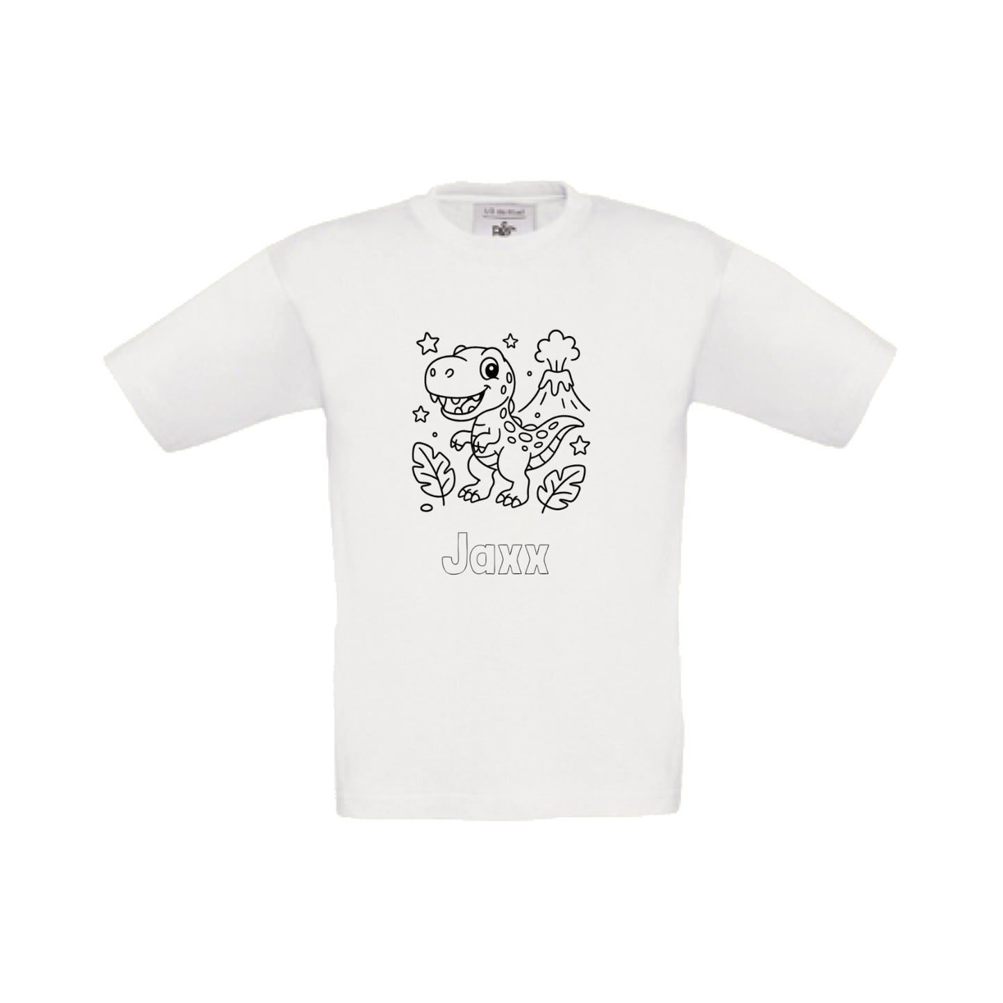 Wit t-shirt om in te kleuren met dino print en naam, maat 98/104 t/m 152-164 – Traktatiecorner.nl