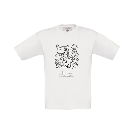 Wit t-shirt om in te kleuren met dino print en naam, maat 98/104 t/m 152-164 – Traktatiecorner.nl