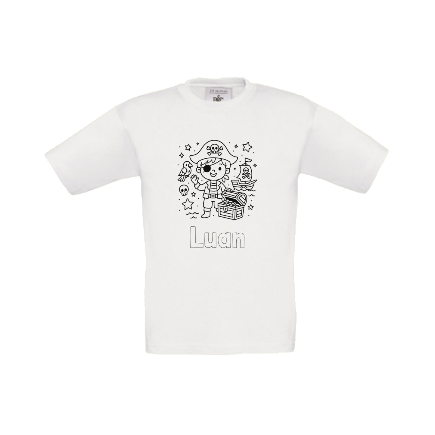 Wit t-shirt om in te kleuren met piraat print en naam, maat 98/104 t/m 152/164 – Traktatiecorner.nl
