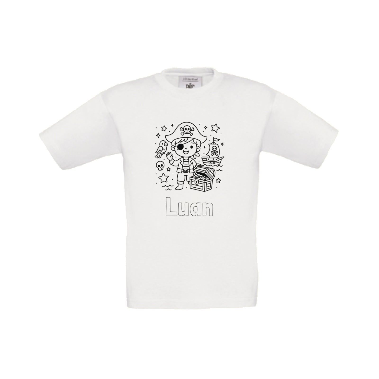 Wit t-shirt om in te kleuren met piraat print en naam, maat 98/104 t/m 152/164 – Traktatiecorner.nl