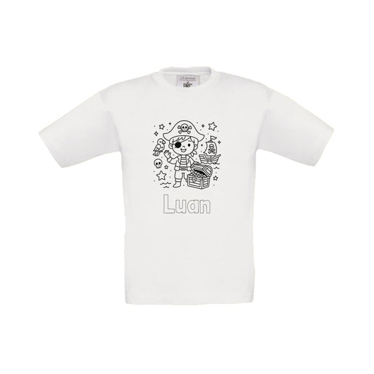 Wit t-shirt om in te kleuren met piraat print en naam, maat 98/104 t/m 152/164 – Traktatiecorner.nl