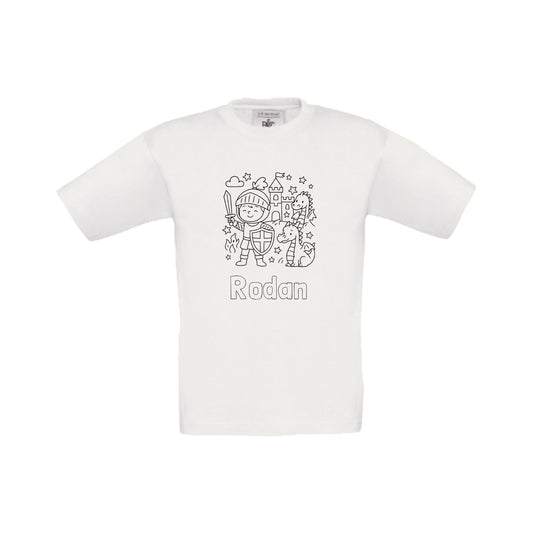Wit t-shirt om in te kleuren met ridder print en naam, maat 98/104 t/m 152/164 – Traktatiecorner.nl