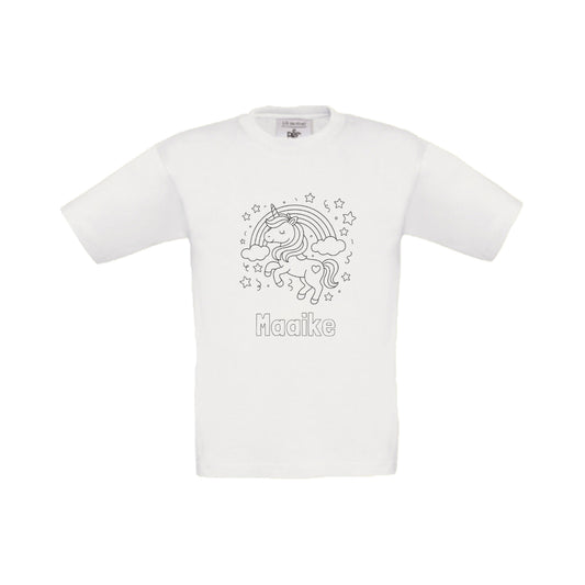 Wit t-shirt om in te kleuren met eenhoorn print en naam, maat 98/104 t/m 152-164  – Traktatiecorner.nl