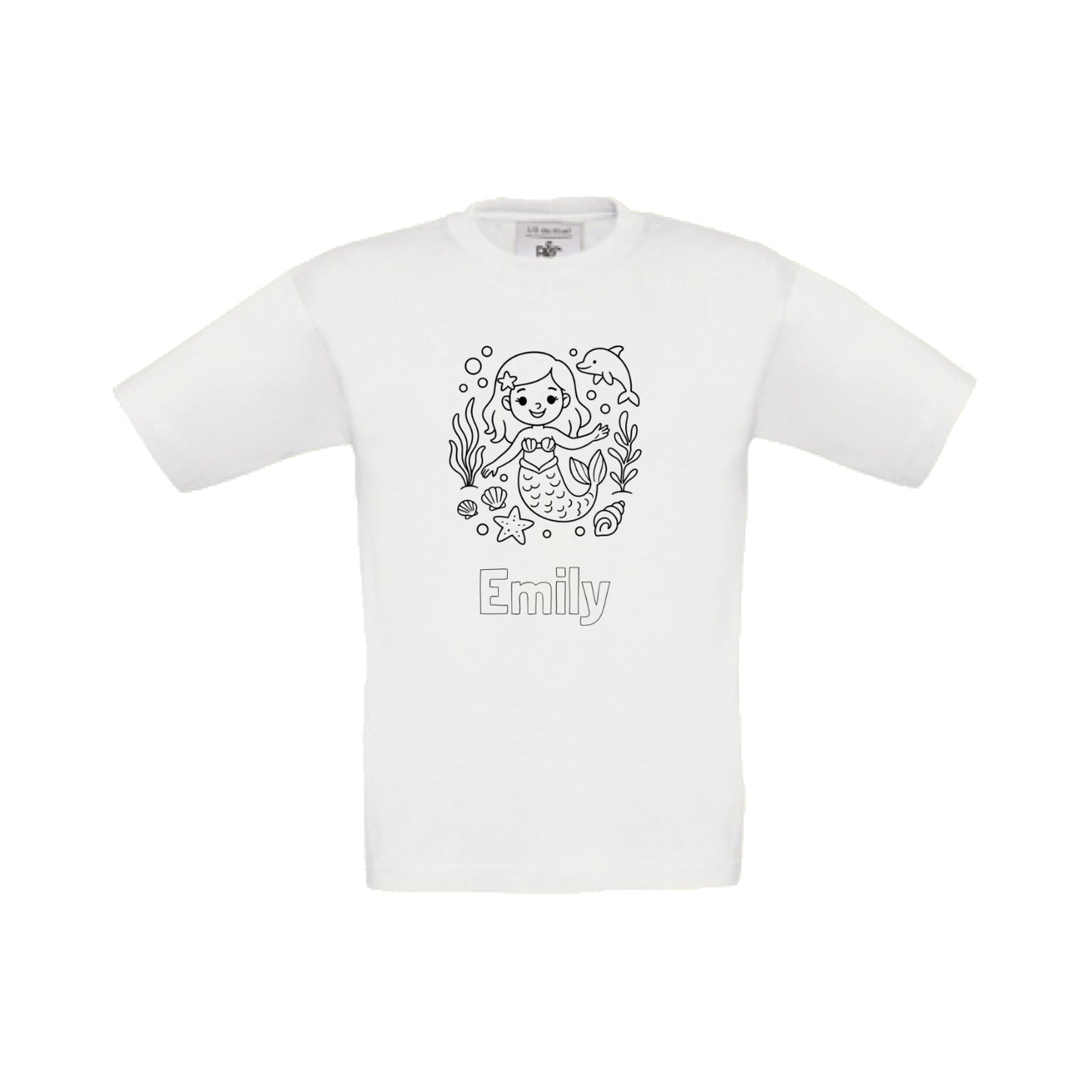 Wit t-shirt om in te kleuren met zeemeermin print en naam, maat 98/104 t/m 152/164 – Traktatiecorner.nl