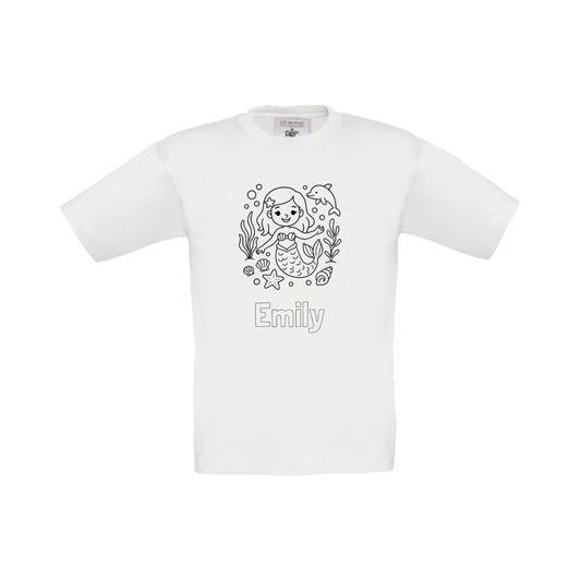 Wit t-shirt om in te kleuren met zeemeermin print en naam, maat 98/104 t/m 152/164 – Traktatiecorner.nl