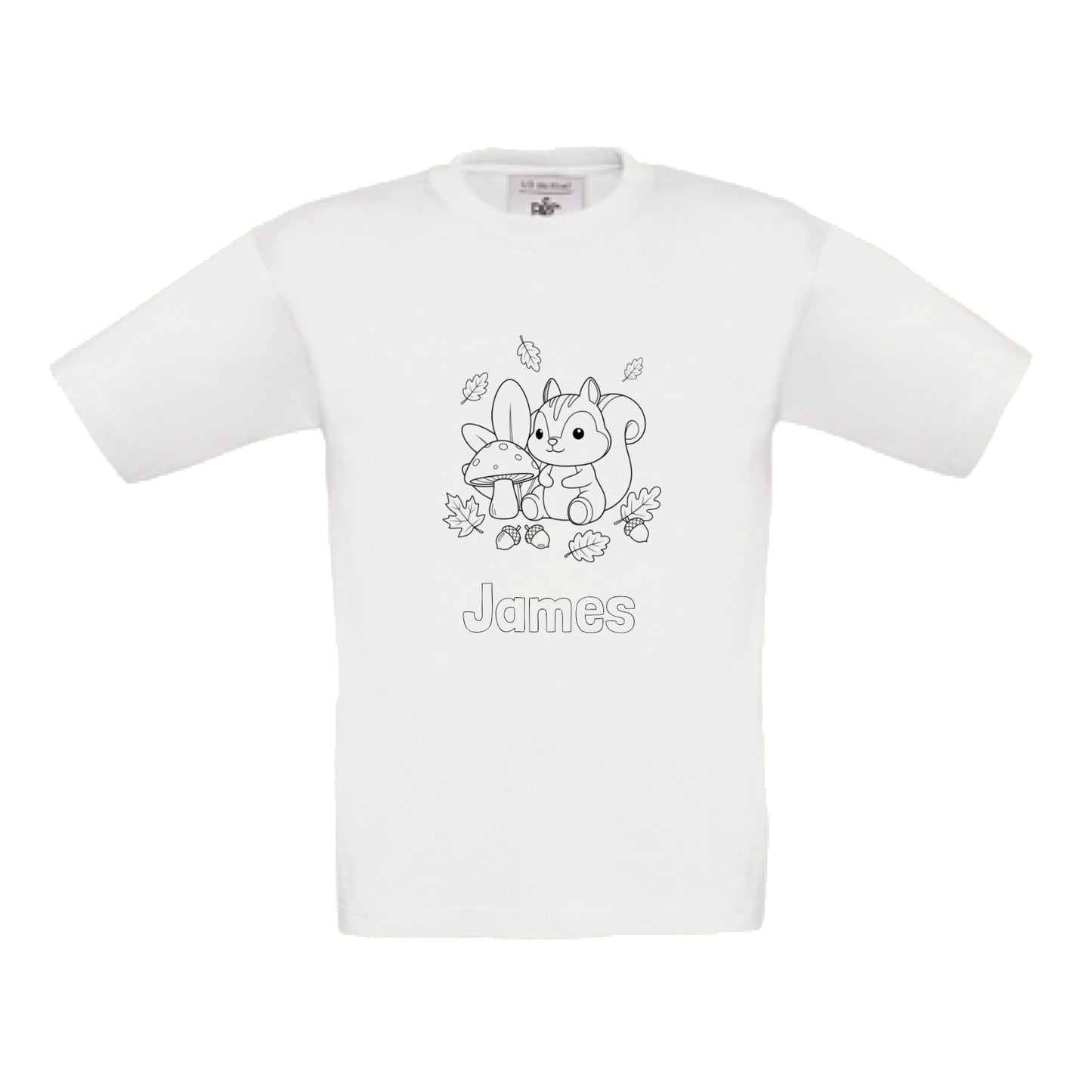 Herfst t-shirt om in te kleuren met eekhoorn, gepersonaliseerd met naam, creatief herfstcadeau voor kinderen