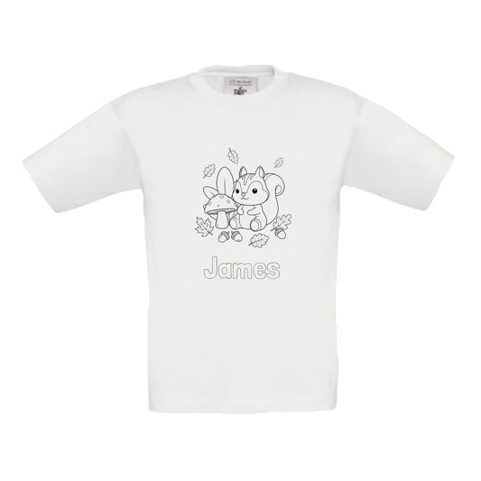 Herfst t-shirt om in te kleuren met eekhoorn, gepersonaliseerd met naam,  creatief herfstcadeau voor kinderen