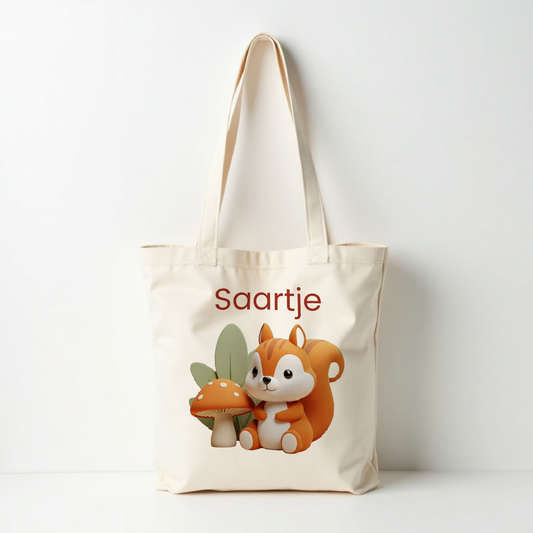 Katoenen tote bag met herfstprint en gepersonaliseerde naam, duurzaam en origineel cadeau