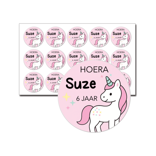 Vrolijke ronde unicorn traktatiestickers met eigen tekst, set van 15 stuks