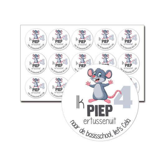Traktatie stickers Ik piep er tussenuit met naam en leeftijd – 15 stuks per vel