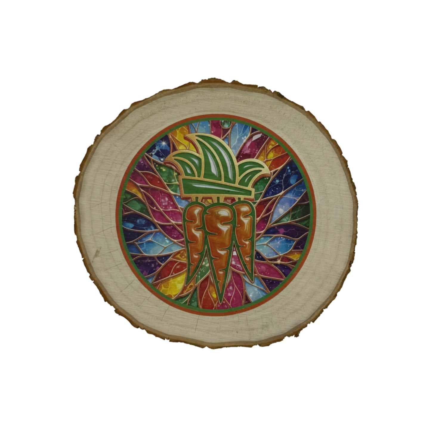 Boomschijf art met logo wortelepin in felle kleuren