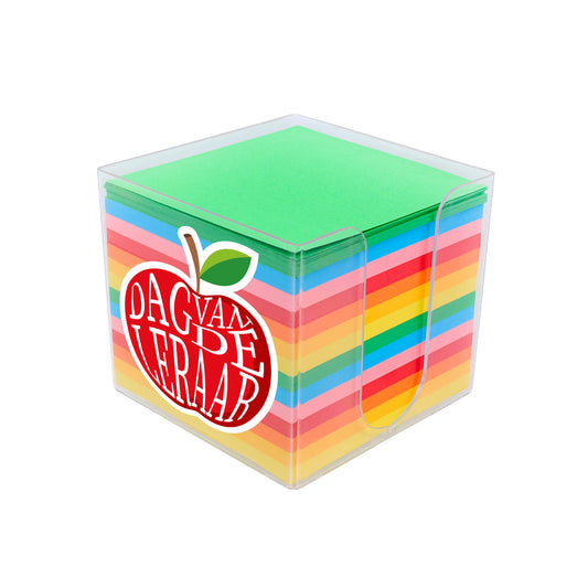 Memo blok met gekleurde blaadjes en “Dag van de Leraar” appelsticker – cadeau voor juf of meester