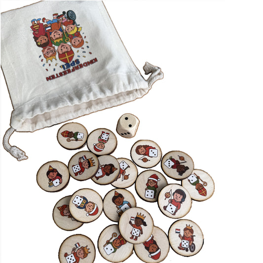 Kinderfeesten Spel, houten fiches met kindfiguren, dobbelsteen en katoenen zakje