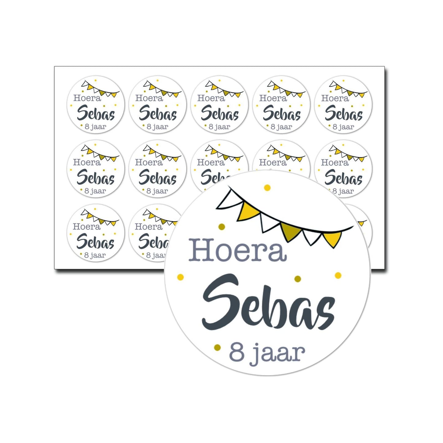 Traktatie sticker vlaggetjes met naam en leeftijd – 15 stuks per vel