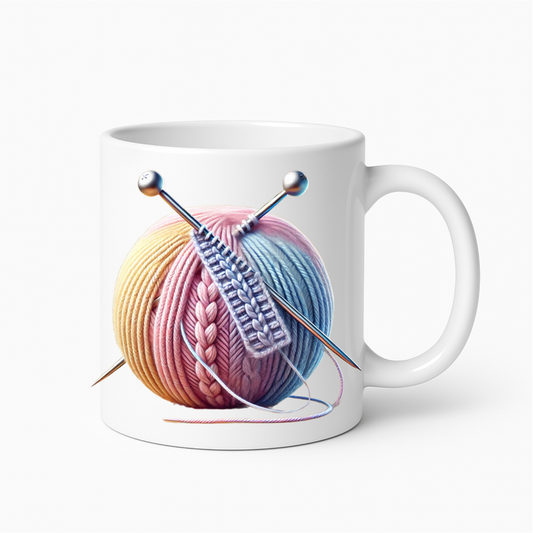 mok met kleurrijke bol wol en breinaalden, cadeau voor breiliefhebber