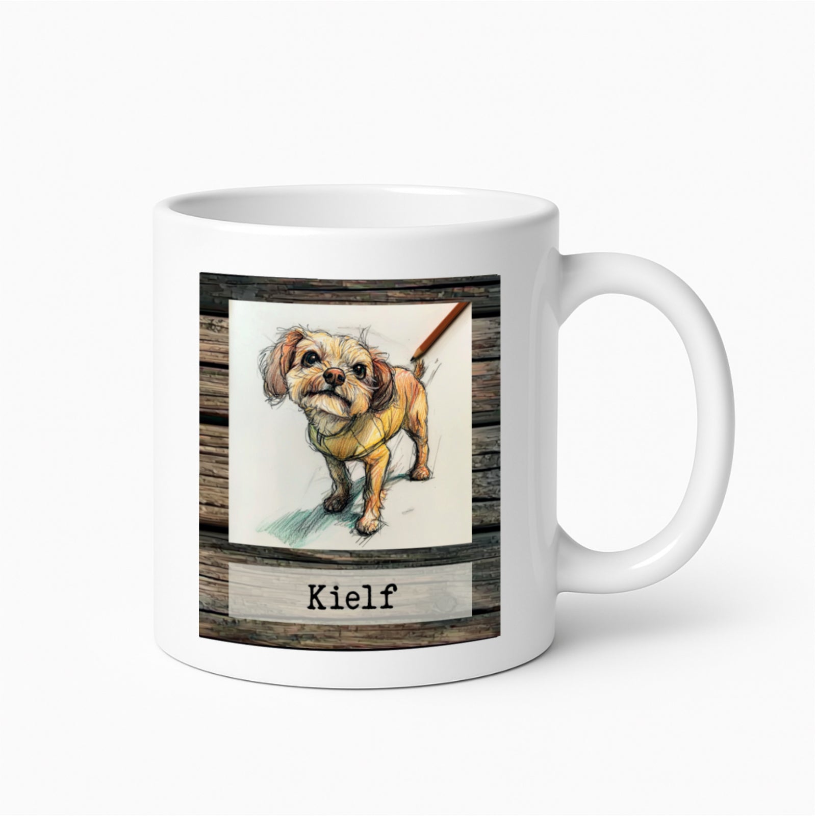 Mok met een illustratie van een kleine, ruwharige hond met tuigje op een witte mok met de tekst 'Kielf' (Bargoens voor hond)