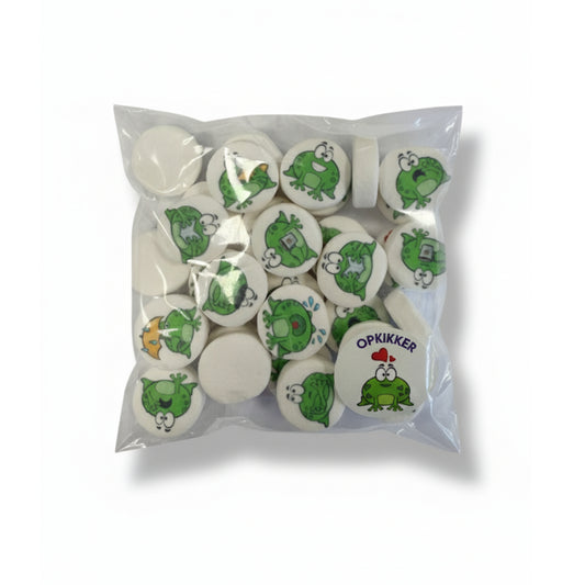 transparant zakje met 30 opkikker pepermuntjes, bedrukt met diverse cartoon kikkers, perfect als cadeau om iemand een hart onder de riem te steken