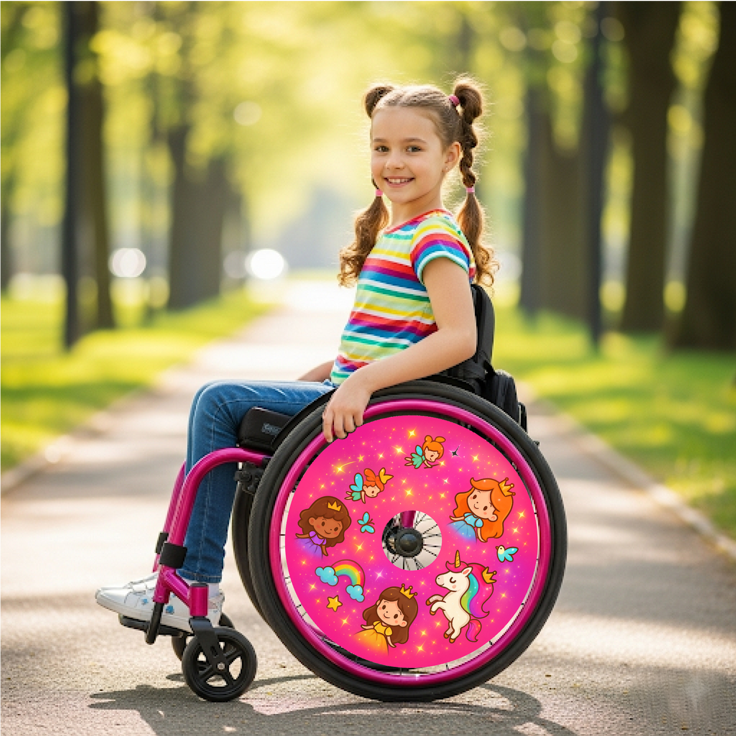 Een meisje in een rolstoel met een spaakbeschermer sticker met prinsessen en een unicorn
