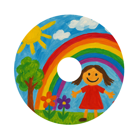 Rolstoel met kleurrijke spaakbeschermers – gepersonaliseerd met kindertekening, voorbeeld van sticker met eigen ontwerp