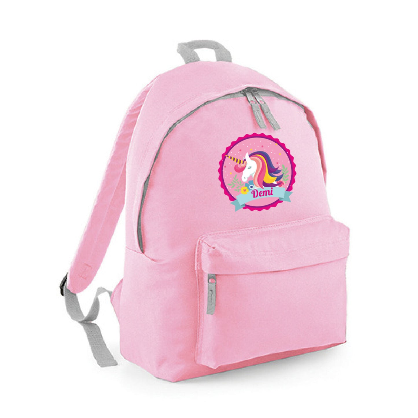 Lichtroze rugzak met unicorn en naam, gepersonaliseerd in jouw favoriete kleur