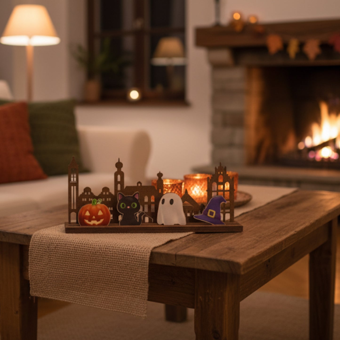 Gezellige huiskamer met als decoratie de skyline van Venlo in thema halloween