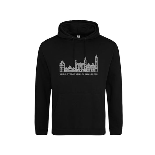 zwarte hoodie met de skyline van venlo stedje van lol en plezeer