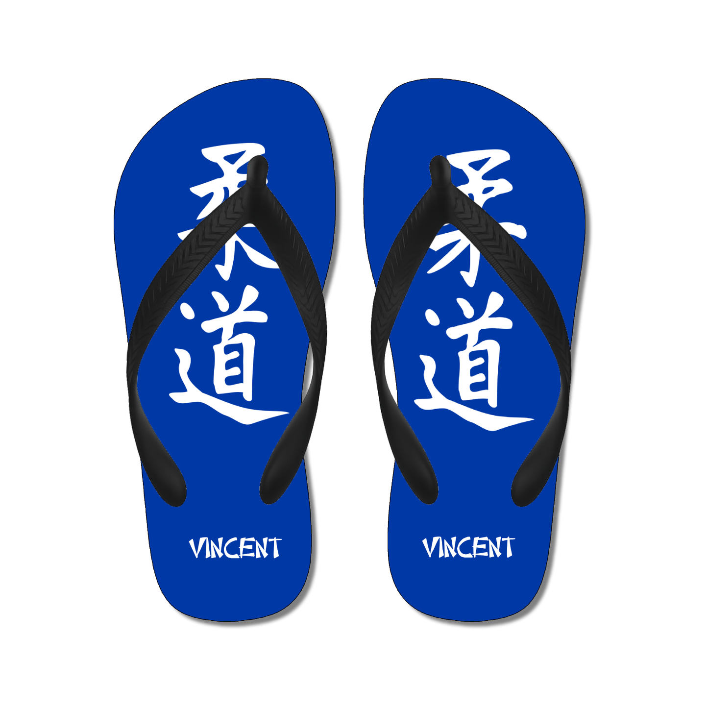 blauwe slippers met Japans teken judo en naam gepersonaliseerd
