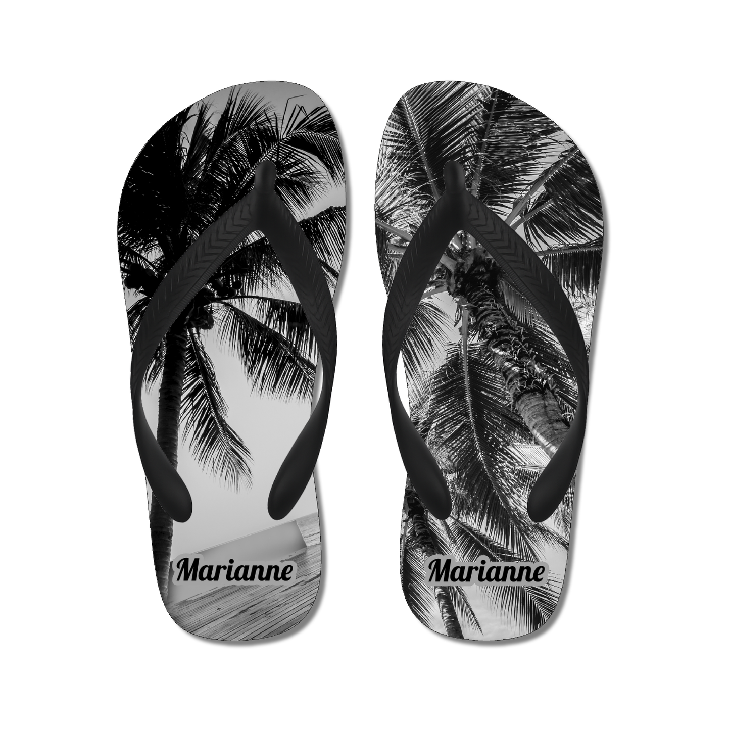 slippers met palmboom zwart wit en naam gepersonaliseerd