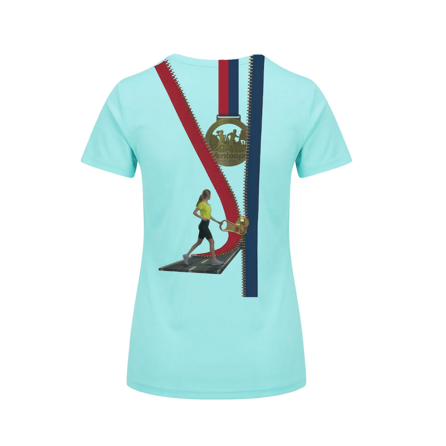 Achterkant mintgroen sportshirt Venloop met medaille