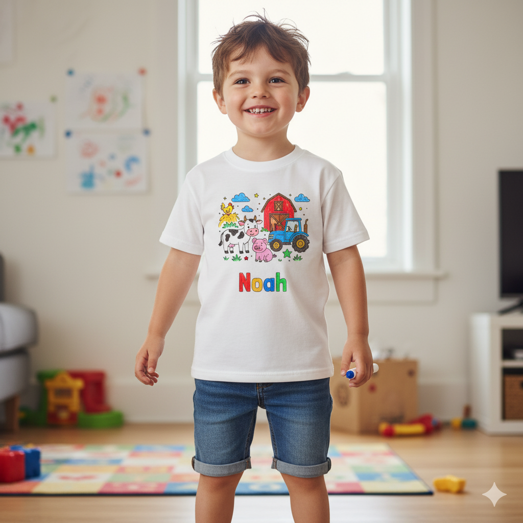 Een jongen draagt het t-shirt met de boerderij en zijn naam wat hij zelf inkleurde