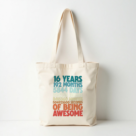 Tote bag 16 years of being awesome – cadeau 16e verjaardag
