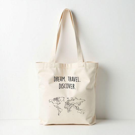 katoenen tote bag met tekst dream travel discover en wereldkaart