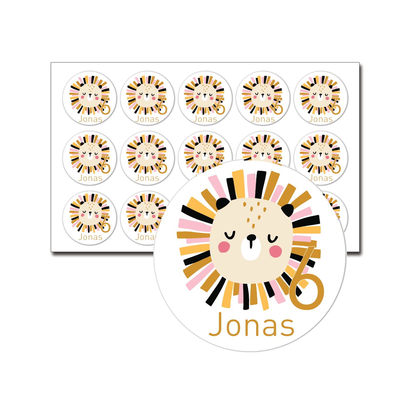 15 leeuw traktatiestickers met taart, naam en leeftijd – ronde stickers voor kinderfeestje.