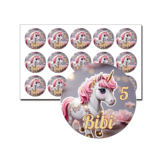 Sprankelende unicorn traktatie stickers met naam en leeftijd