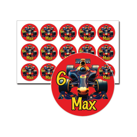 Traktatie stickers Formule 1 met naam en leeftijd – 15 stuks per vel