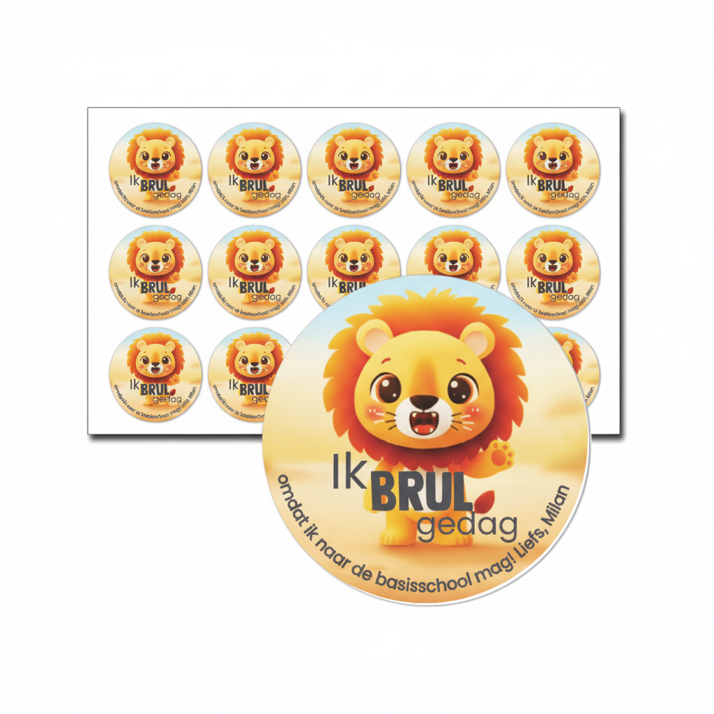 traktatie stickers ik brul gedag omdat ik naar de basisschool mag, met naam