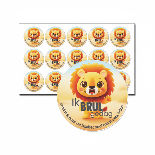 traktatie stickers ik brul gedag omdat ik naar de basisschool mag, met naam