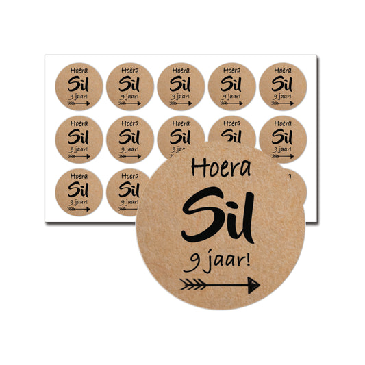 15 kraft traktatiestickers met kurklook, “Hoera Sil 9 jaar!” en pijl – ronde stickers