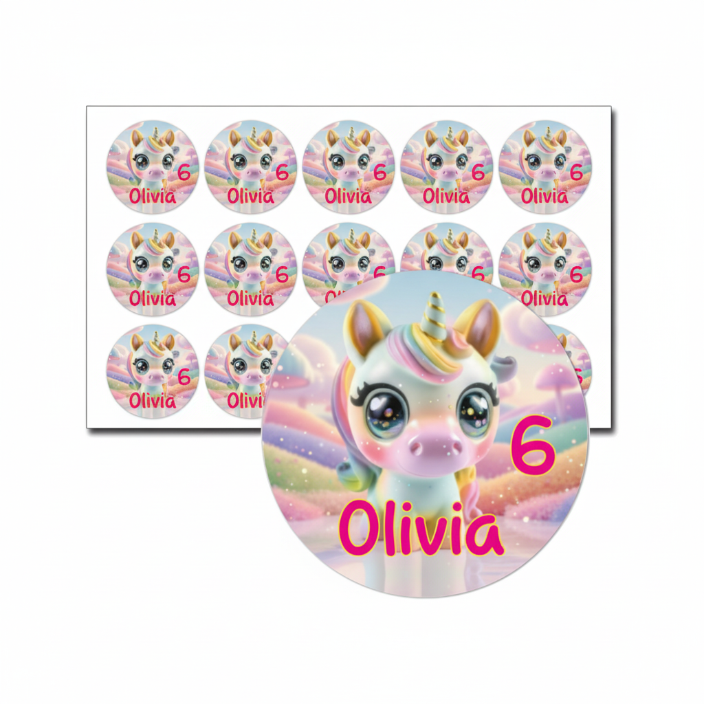 Schattige unicorn traktatie stickers met naam en leeftijd