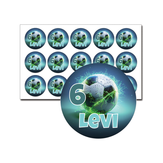 15 traktatiestickers met blauwe en groene gloed, cijfer 6 en naam Levi